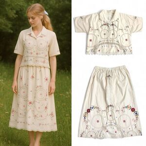 Vtg Nicole Marie Needlepoint Crochet Cotton Blouse Skirt Set L Cottage Modest